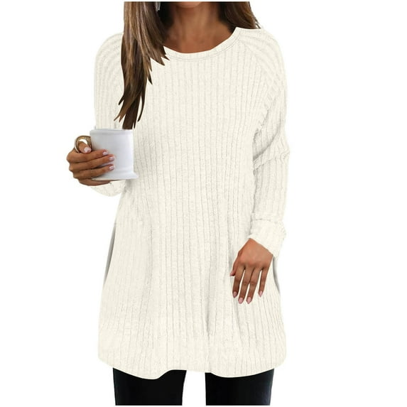 Womens Ribbed Tunic Tops, Long Sleeve Shirts for Women Fall Fashion Warmth Fleece Solid Color Crewneck Pullover