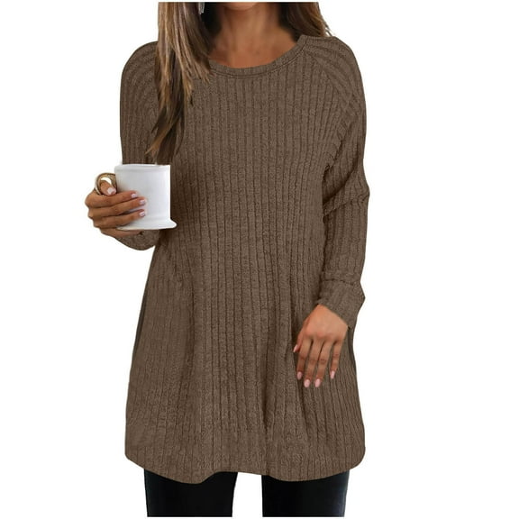 Womens Ribbed Tunic Tops, Long Sleeve Shirts for Women Fall Fashion Warmth Fleece Solid Color Crewneck Pullover