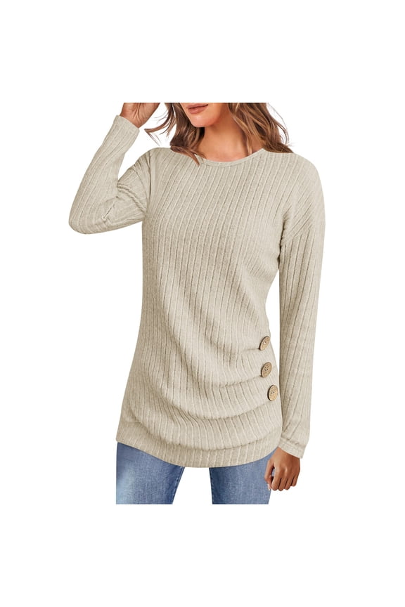 Womens Ribbed Tunic Tops Side Buttons Long Sleeve Crewneck Pullover Knit Tops Fall Spring Winter Base Sweaters (2XL, Beige)