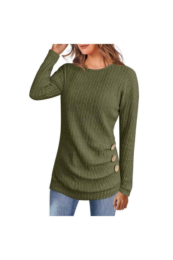 Womens Ribbed Tunic Tops Side Buttons Long Sleeve Crewneck Pullover Knit Tops Fall Spring Winter Base Sweaters (L, Green)