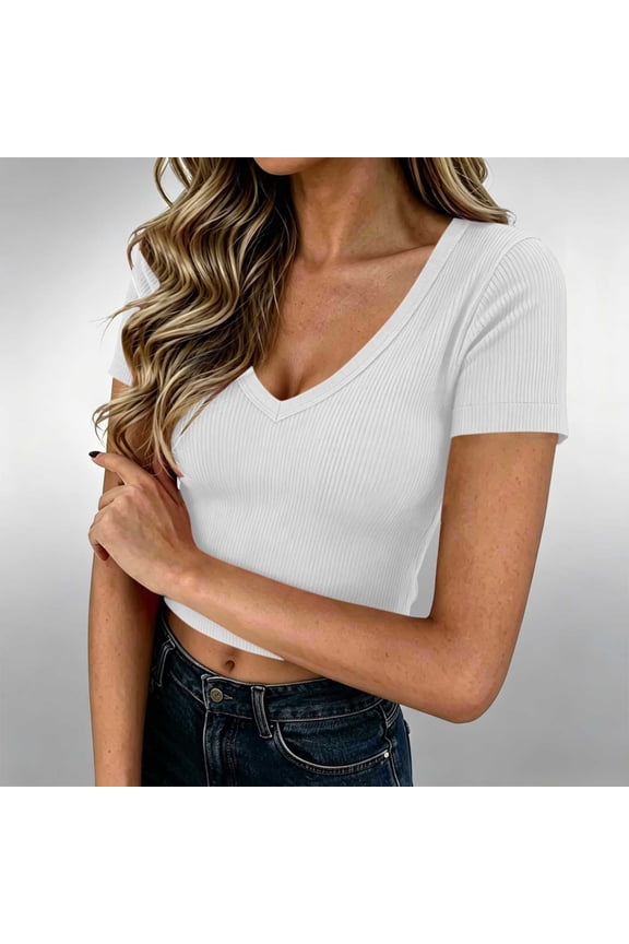 Womens Ribbed V Neck Crop Top Fitted Short Sleeve Solid White Basic Stretchy Tee,Size M