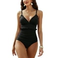 thumbnail image 1 of Womens Ribbed V Neck One Piece Bath Suit Tummy Control Monkini Swimwear Spaghetti Straps Swimsuit, 1 of 7