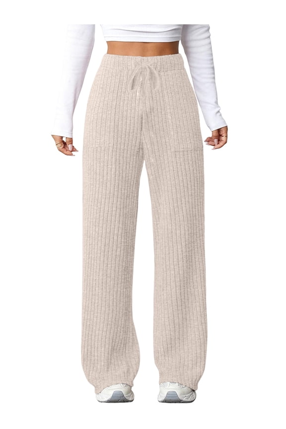 Womens Ribbed Wide Leg Lounge Pants with Pockets Comfy Loose Soft Knit Pants with Drawstring Apricot M