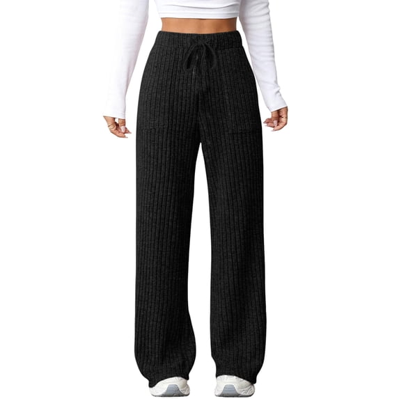 Womens Ribbed Wide Leg Lounge Pants with Pockets Comfy Loose Soft Knit Pants with Drawstring Black L