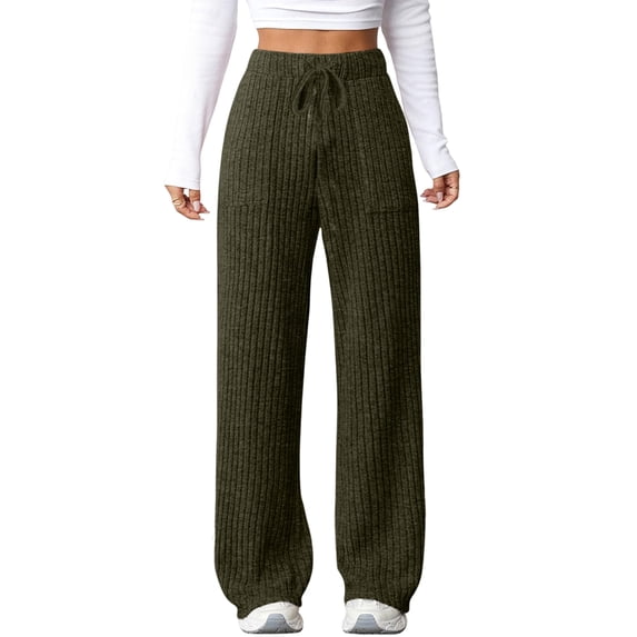 Womens Ribbed Wide Leg Lounge Pants with Pockets Comfy Loose Soft Knit Pants with Drawstring Green S