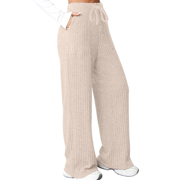 Womens Ribbed Wide Leg Lounge Pants with Pockets Comfy Loose Soft Knit Pants with Drawstring M