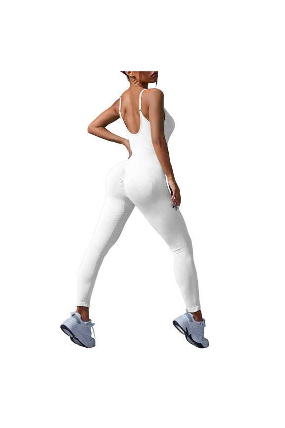 Womens Ribbed Workout Jumpsuit Seamless Yoga Bodysuit Sleeveless Fitness Running Athletic Activewear White S