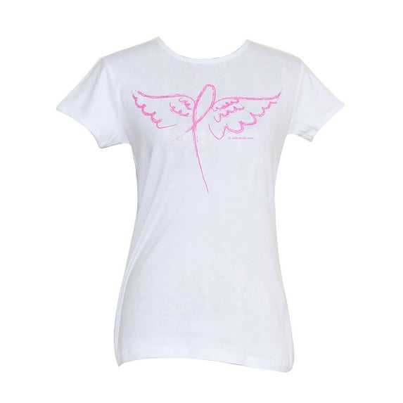 Womens Ribbon Angel Wings Breast Cancer Awareness T-Shirt - White - Small