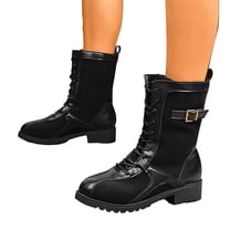 Womens Riding Boots Fashion Splice Leather Lace up High Top Winter Motorcycle Booties Lug Sole Low Heel Mid Calf Boots Black 6