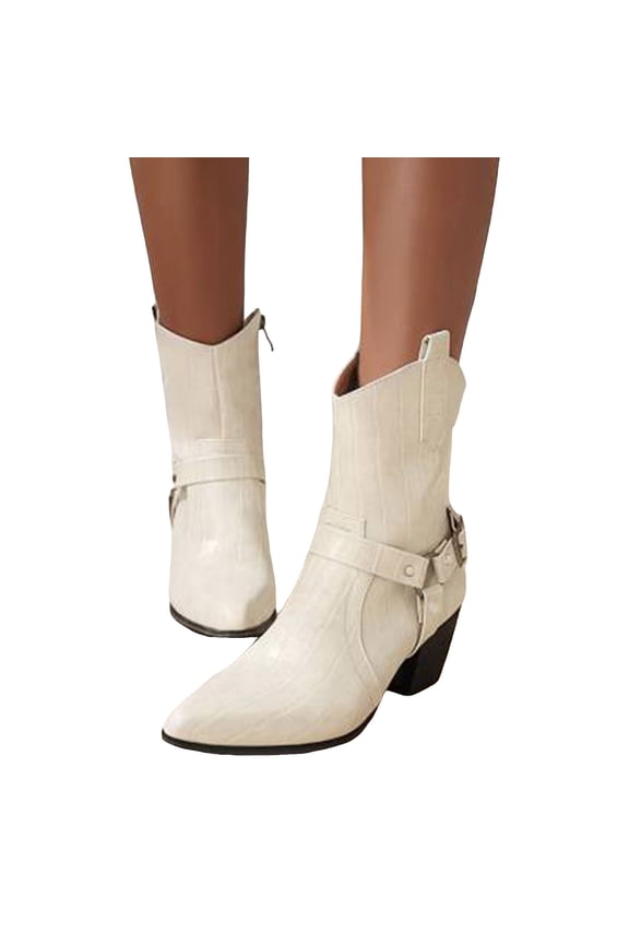 Womens Riding Boots Retro Waterproof Leather Buckle Strappy Chunky Heel Pointed Toe Mid Calf Booties Zip up Fall Winter Boots
