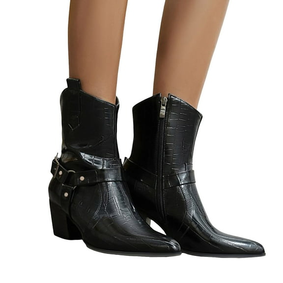 Womens Riding Boots Retro Waterproof Leather Buckle Strappy Chunky Heel Pointed Toe Mid Calf Booties Zip up Fall Winter Boots