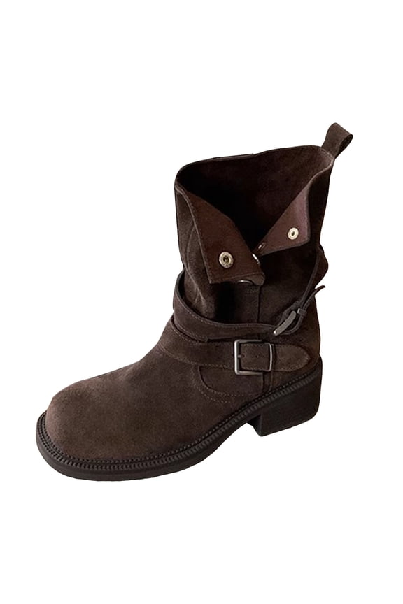Womens Riding Boots Round Toe Pull on Adjustable Button Fold over Trendy Buckle Strappy Mid Calf Fall Booties