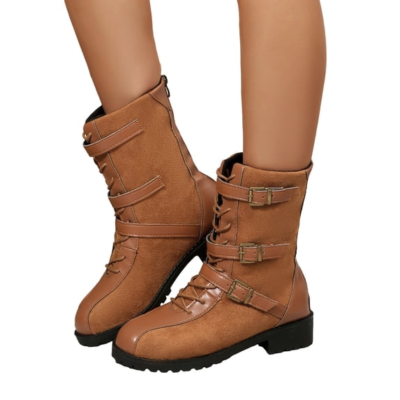 Womens Riding Boots Suede Splice Leather Lace up Mid Calf Winter Booties with Buckle Straps Round Toe Casual Dressy Long Boots