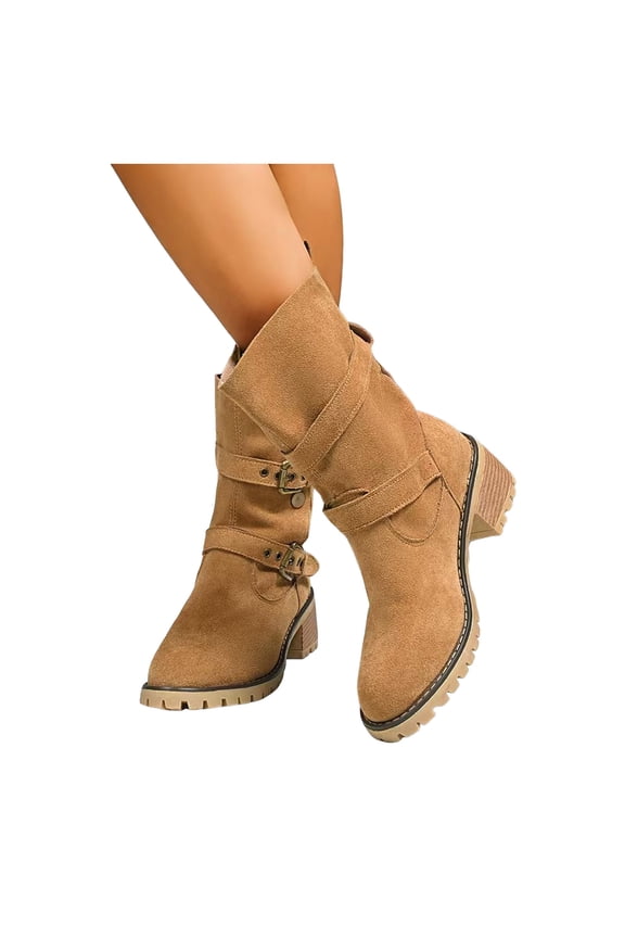 Womens Riding Boots Winter Fall Casual Suede Mid Calf Booties with Adjustable Buckle Strap and Button Lug Sole Chunky Stacked Heel Motorcycle Boots