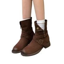Womens Riding Boots Zip up Strappy Suede Mid Calf Motorcycle Booties Trendy Round Toe Chunky Heel Fall Winter Ankle Boots