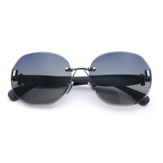 Womens Rimless Bevel Lens Flower Jewel Hinge Round Fashion Sunglasses Silver Grey - Smoke