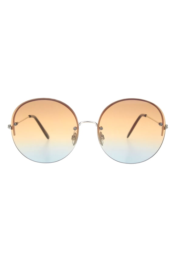 Womens Rimless Hippie Oceanic Gradient Round Sunglasses Silver Brown Blue