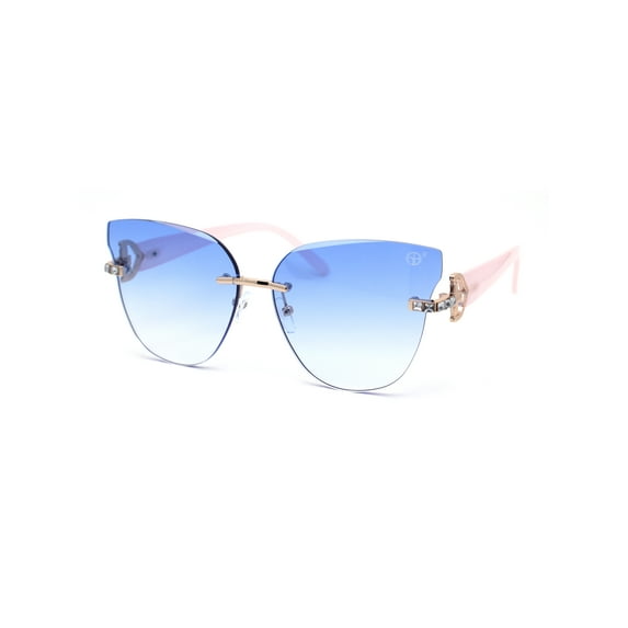 Womens Rimless Horn Rim Shape Rhinestone Jewel Hinge Sunglasses Gold Pink Blue