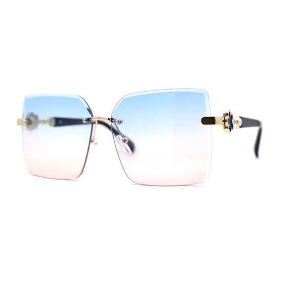 Womens Rimless Luxurious Floral Jewel Hinge Butterfly Sunglasses Gold Navy Blue Pink