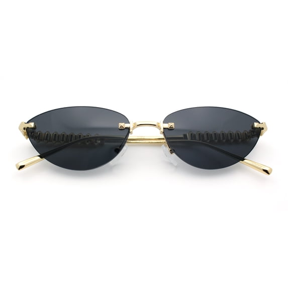 Womens Rimless Metal Rim Cat Eye Pyramid Stud Jewel Arm Sunglasses Gold - Black