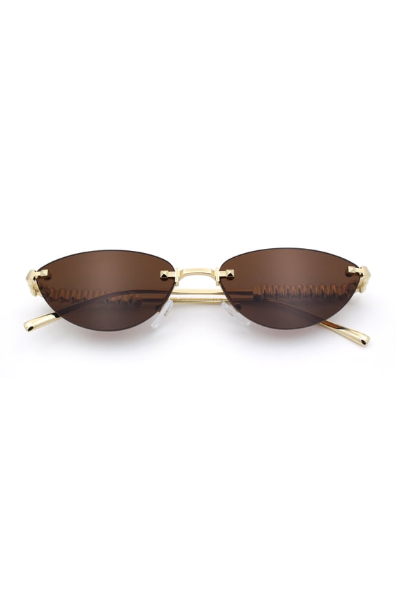 Womens Rimless Metal Rim Cat Eye Pyramid Stud Jewel Arm Sunglasses Gold - Brown