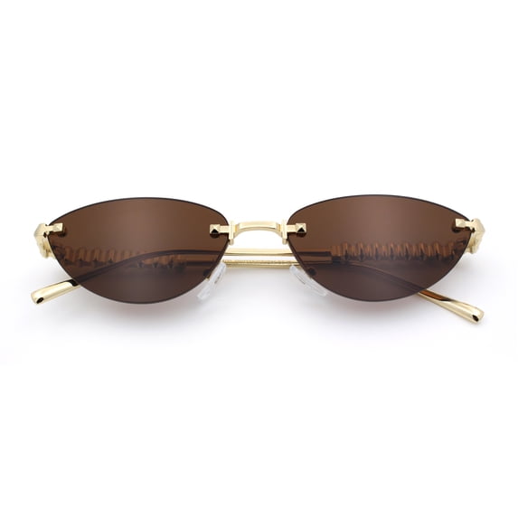 Womens Rimless Metal Rim Cat Eye Pyramid Stud Jewel Arm Sunglasses Gold - Brown