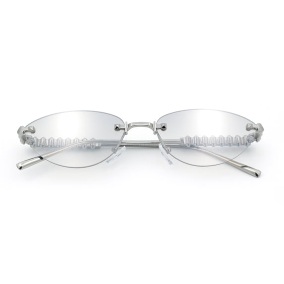 Womens Rimless Metal Rim Cat Eye Pyramid Stud Jewel Arm Sunglasses Silver - Clear Mirror