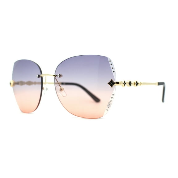 Womens Rimless Oversized Butterfly Rhinestone Bevel Lens Sunglasses Gold Black Orange