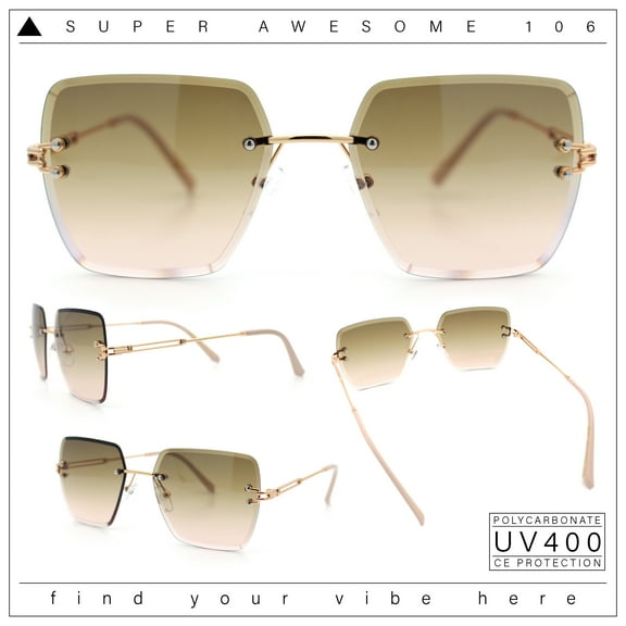 Womens Rimless Oversized Rectangle Designer Fashion Metal Rim Sunglasses Gold Beige - Brown Beige