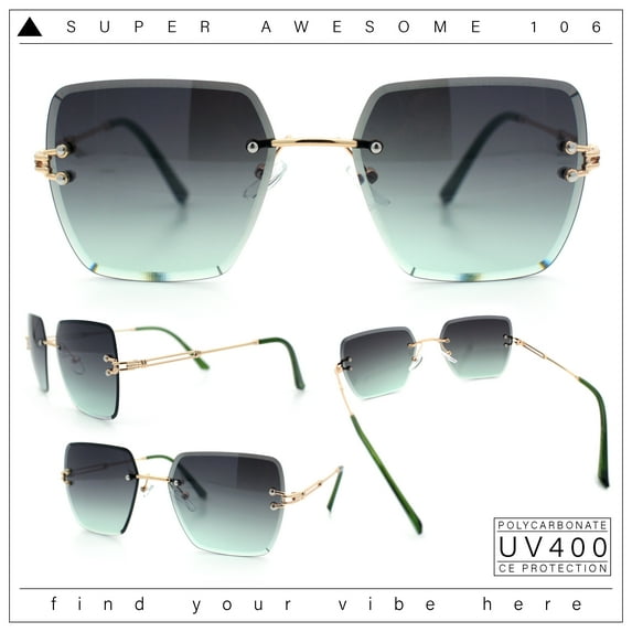 Womens Rimless Oversized Rectangle Designer Fashion Metal Rim Sunglasses Gold Green - Green Smoke