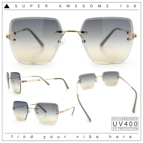 Womens Rimless Oversized Rectangle Designer Fashion Metal Rim Sunglasses Gold Grey - Beige Smoke