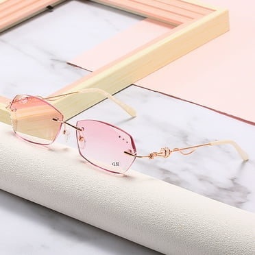 Womens Rimless Rectangle Pink Reading Glasses 1.50 Ladies Anti-blue Light Readers Metal Diamond Presbyopic Eyeglasses Sunglasses +1.5