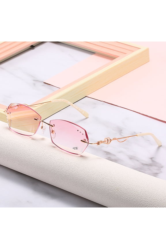 Womens Rimless Rectangle Pink Reading Glasses 1.50 Ladies Anti-blue Light Readers Metal Diamond Presbyopic Eyeglasses Sunglasses +1.5