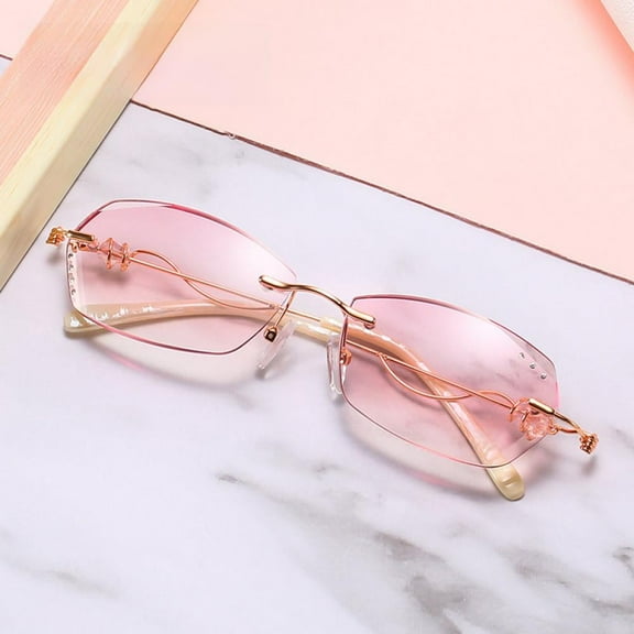 Womens Rimless Rectangle Pink Reading Glasses 4.00 Ladies Anti-blue Light Readers Metal Diamond Presbyopic Eyeglasses Sunglasses +4.0