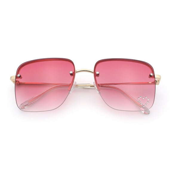 Womens Rimless Rectangle Rhinestone Heart Jewel Studded Lens Metal Sunglasses Gold - Pink