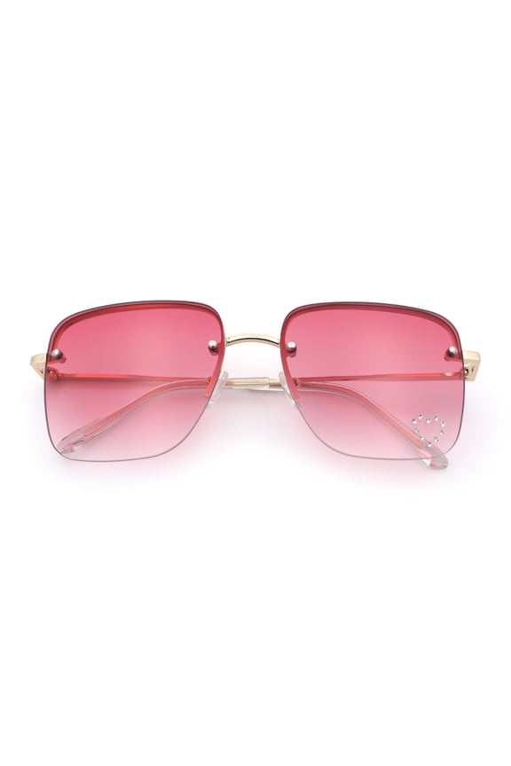 Womens Rimless Rectangle Rhinestone Heart Jewel Studded Lens Metal Sunglasses Gold - Pink