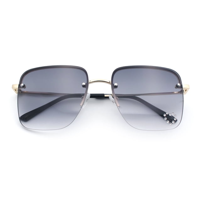Womens Rimless Rectangle Rhinestone Heart Jewel Studded Lens Metal Sunglasses Gold - Smoke