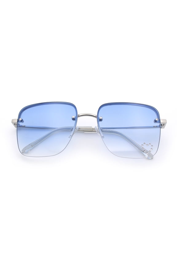 Womens Rimless Rectangle Rhinestone Heart Jewel Studded Lens Metal Sunglasses Silver - Blue