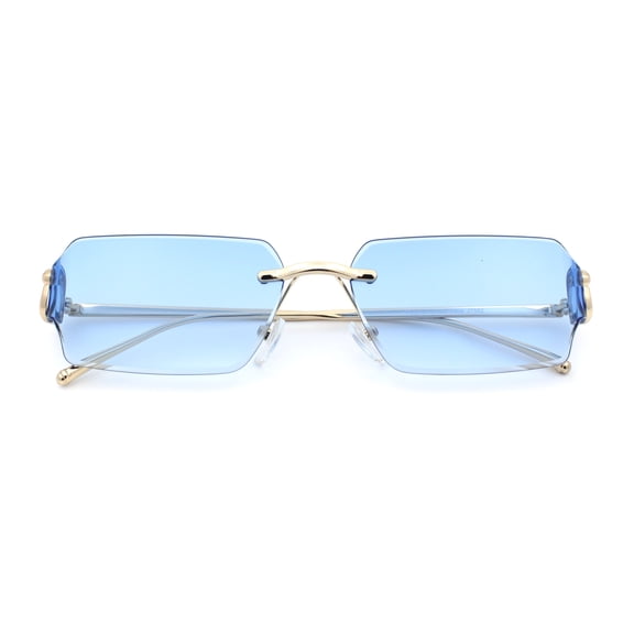 Womens Rimless Rectangle Serpent Jewel Hinge Metal Rim Sunglasses Gold - Blue