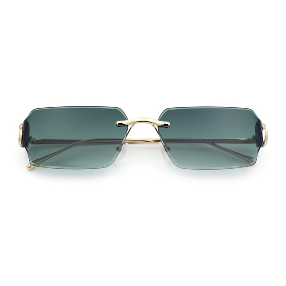 Womens Rimless Rectangle Serpent Jewel Hinge Metal Rim Sunglasses Gold - Green