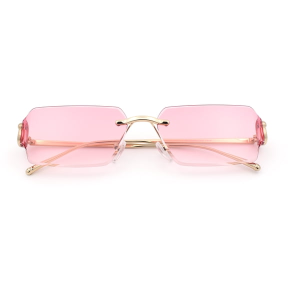 Womens Rimless Rectangle Serpent Jewel Hinge Metal Rim Sunglasses Gold - Pink