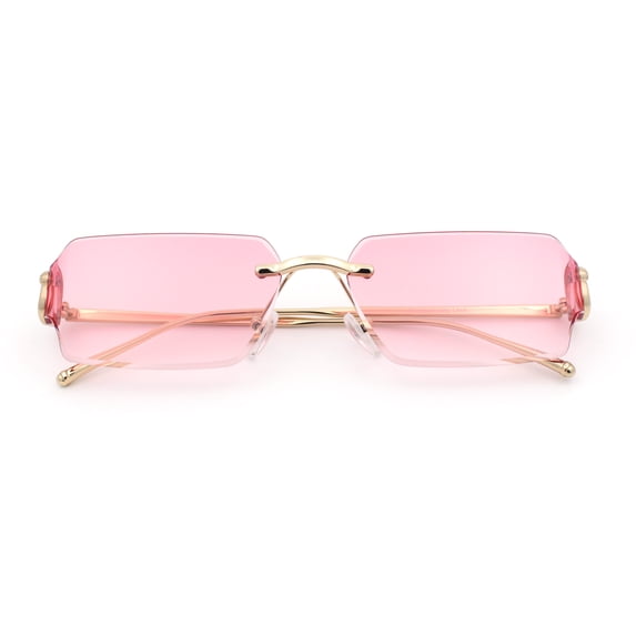 Womens Rimless Rectangle Serpent Jewel Hinge Metal Rim Sunglasses Gold - Pink