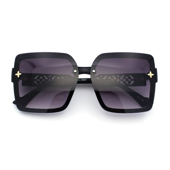 Womens Rimless Rectangular Butterfly Chic Plastic Floral Diecut Arm Sunglasses Black - Smoke