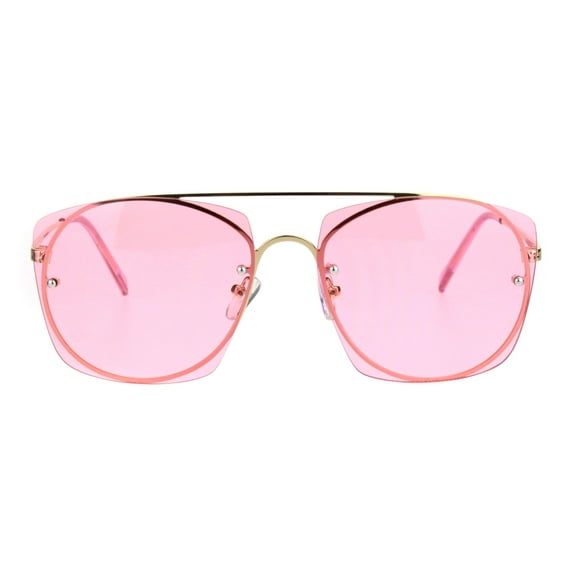Womens Rimless Rectangular Luxury Designer Style Metal Rim Sunglasses Gold Pink