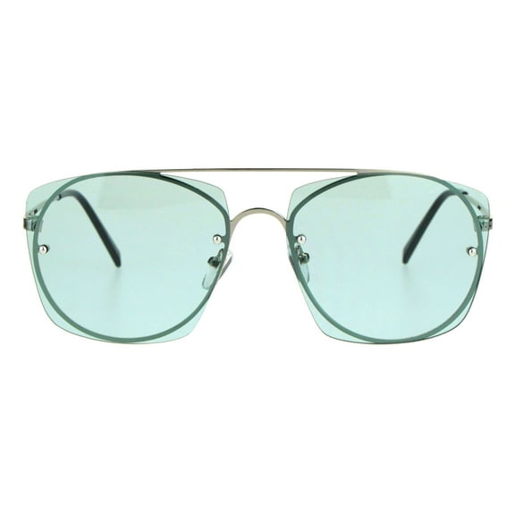 Womens Rimless Rectangular Luxury Designer Style Metal Rim Sunglasses Silver Green
