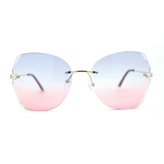 Womens Rimless Rhinestone Bevel Angular Lens Butterfly Sunglasses Gold Blue Pink