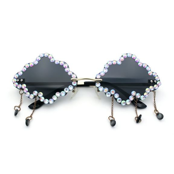 Womens Rimless Rhinestone Cloud Shape Raindrop Tassel Sunglasses Gold - Black