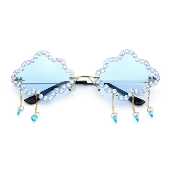Womens Rimless Rhinestone Cloud Shape Raindrop Tassel Sunglasses Gold - Blue
