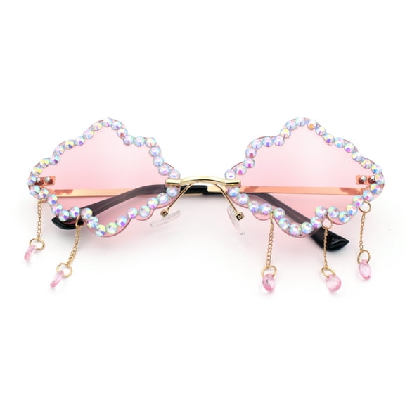 Womens Rimless Rhinestone Cloud Shape Raindrop Tassel Sunglasses Gold - Pink