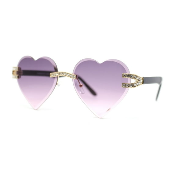 Womens Rimless Rhinestone Jewel Heart Shape Luxury Sunglasses Gold - Purple